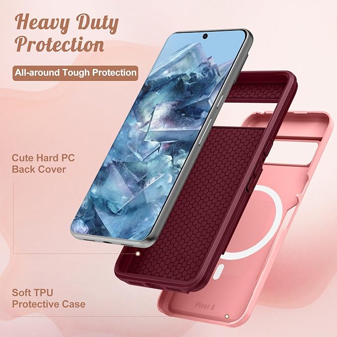 for Google Pixel 8 Case 6.2 Inch - Compatible with MagSafe Women Girls Cute Magnetic Protective Cover Girly Cat Flower Floral Heavy Duty Shockproof Design for Google Pixel 8 Phone Cases