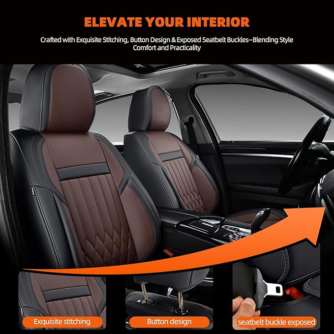 KEYOOG 2-Seater Waterproof and Breathable Nappa Leather Car Seat Covers Full Set, Fit for Front Seats of Cars, Compatible with Airbags, Car Seat Protector Covers for Most Cars - Black Coffee
