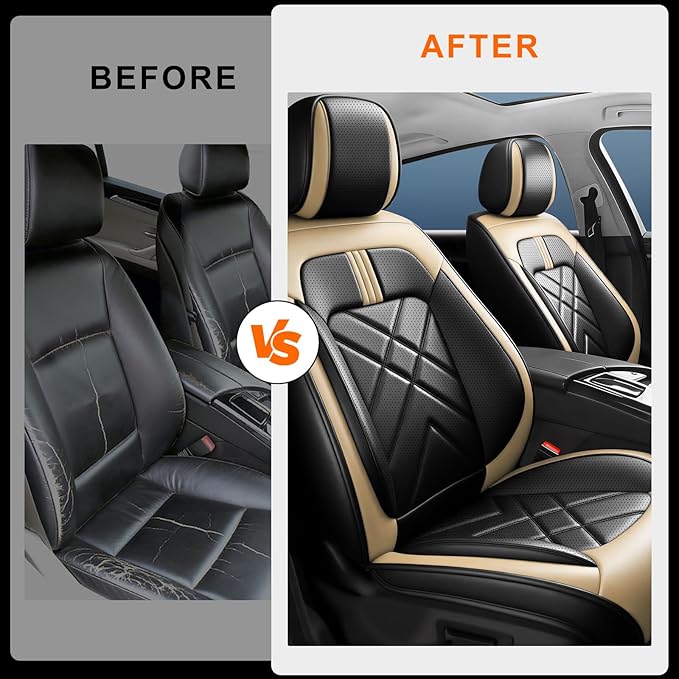 Car Seat Covers Compatible with Mazda 6 2007-2021, Full Coverage Premium Leather Waterproof Breathable Seat Covers, Automotive Seat Protectors, Airbag Compatible(2 Front Seats, Black Beige)