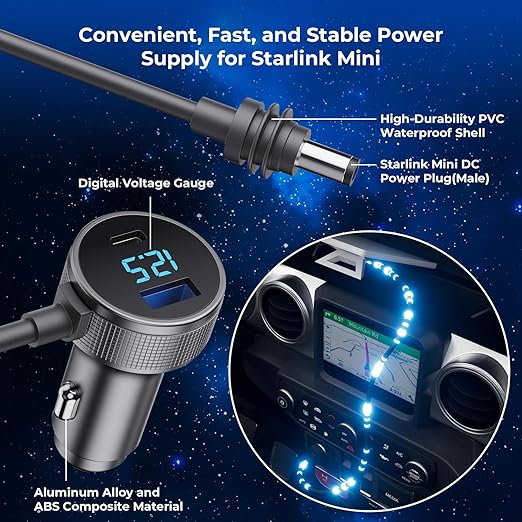 Starlink Mini Cable, 3 in 1 Starlink Mini Car Charger DC Power Cable+ Cigarette Lighter Adapter 12V-48V with Digital Display, Durable USB C PD 40W and USB A 35W Ports for Trucks and Cars (6.5FT)