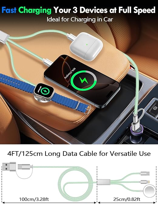 1Pack Multi Charging Cable Cord for Travel Essentials,Apple Watch Charger,iPhone Charger,[3-in-2] Type C/Lightning Cable Portable Designed for iWatch,iPhone 17-8,Galaxy S25-21,AirPods,iPad-4FT Green