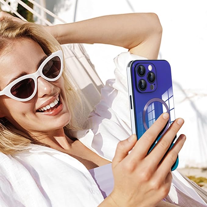 Guppy Compatible with iPhone 14 Pro with MagSafe Case, Magnetic Gradient Case with MagSafe Charging, Gradient Glass Back Cover with Lens Film-Purple