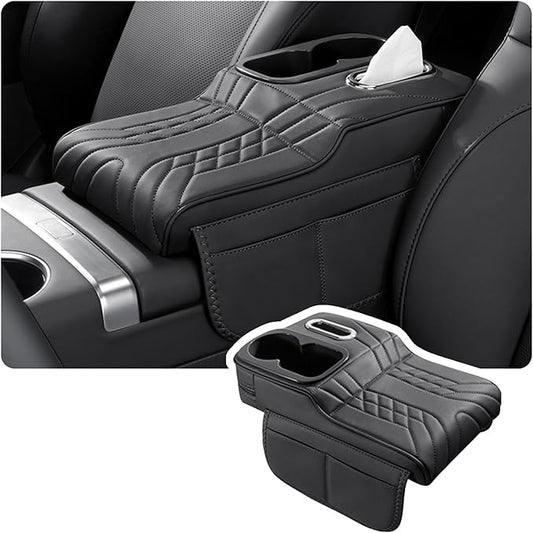 Car Armrest Storage Box for Infiniti QX60 2013–2025 2020 2021 2022 2023 2024, Sport-Style Center Console Organizer with Side Pocket, PU Leather Armrest Cushion, Elbow Support Pad,A Black