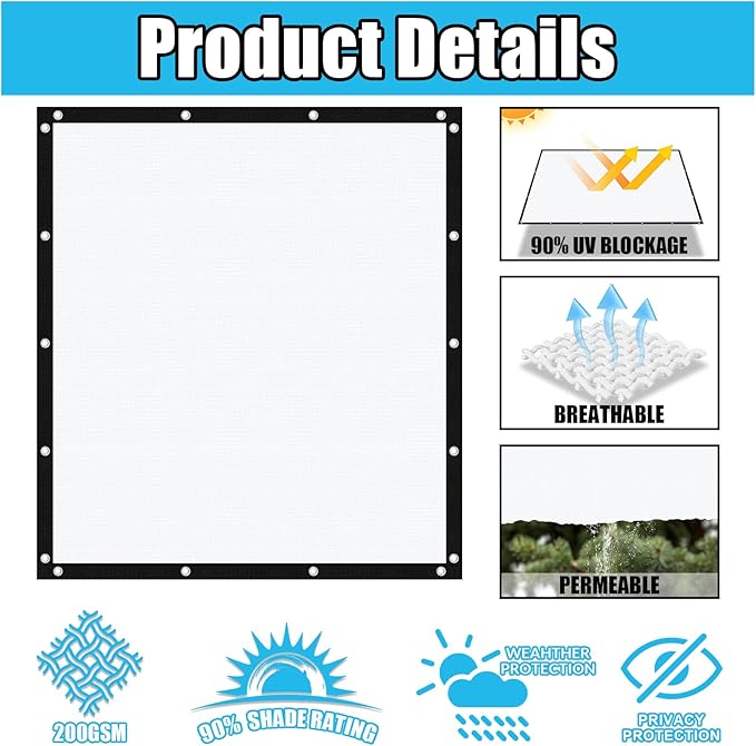 Amagenix 90% Pergola Shade Cover 6' X 20' Sun Shade Cloth with Grommets for Outdoor Garden Patio Porch, Commercial Grade 200 GSM - Cable Zip Ties Included (We Customized) GN108, White