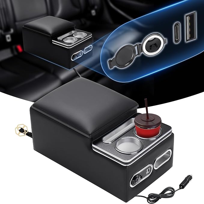 Upgraded Bench Seat Center Console with Extra Large Cup Holder & Phone Holder, Universal Center Console with USB Charging, Central Console for Bench Seat of Truck & Van & Car