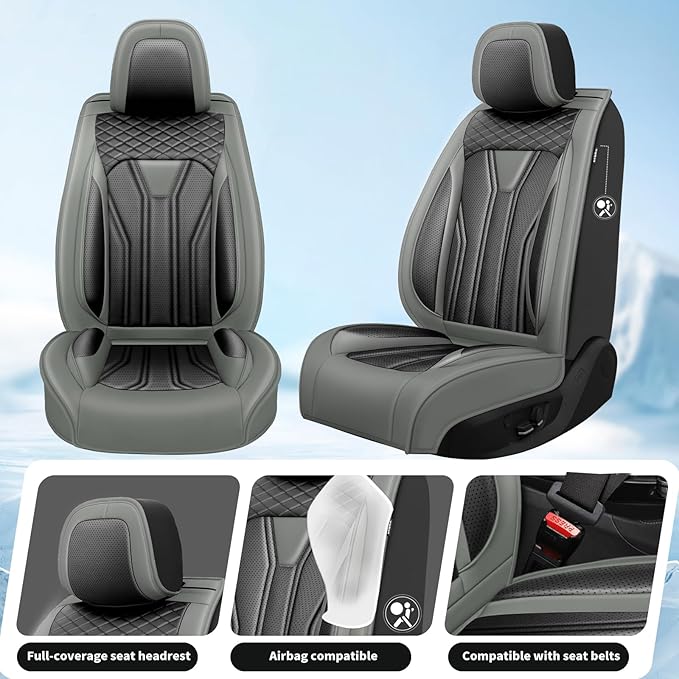 Fit Kona Car Seat Covers for Select Hyundai Kona 2018-2025 2026. Premium Leather, Waterproof， Breathable, Scratch-Resistant & All-Weather Seat Cushion Protector (Full Set, Gray&Black)