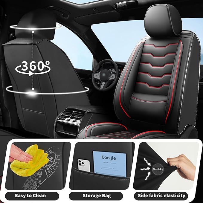 Fit Kicks Car Seat Covers， Compatible with Nissan Kicks 2018-2026 -Premium Leather, Waterproof Breathable All-Weather Seat Cushion Protector Airbag Compatible（2 Seats Front Pair，Red Line Black