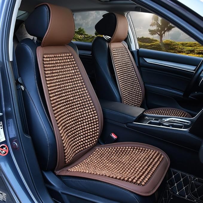 JSCARLIFE Tilia Wood Beaded Car Seat Cover - Breathable Ergonomic Driver Cushion for Cars/Trucks/SUVs | Hand-Knotted Beads, Lumbar Support & Cooling Tech (Brown)