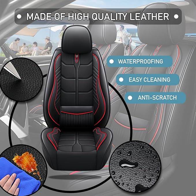 Leather Car Seat Covers Fit for Toyota Corolla iM 2017-2018, 5 Seater Car Seat Cover, Premium Waterproof, Scratch Resistant Car Interior Accessories (Full Set Black Red)