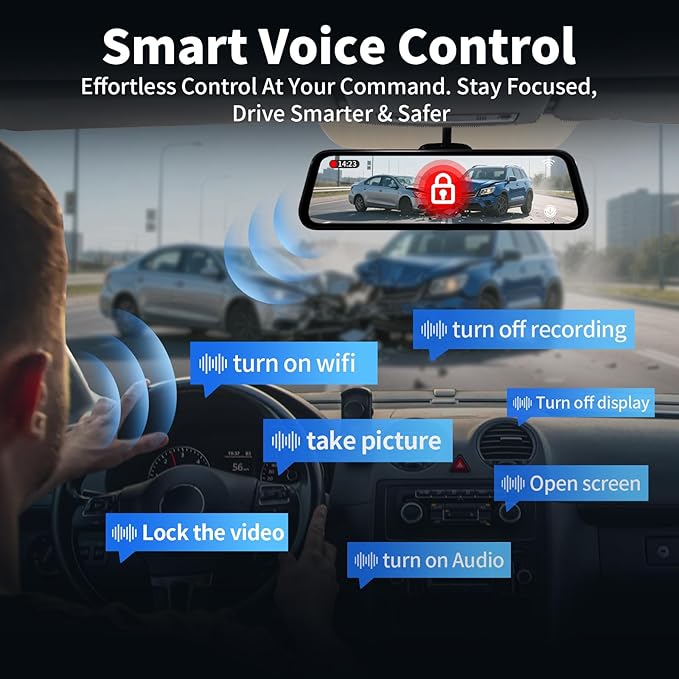 Mirror Dual Dash Camera with Voice Control,4K+2.5K Rear View Mirror Camera with 5.8GHz WiFi and APP Control, WDR Night Vision, Loop Recording, G-Sensor, Parking Monitor 64GB Card Included