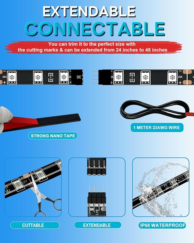 12V Led Light Strip Connectable 24Inch Red Led Strip Lights for Car Golf Cart Motorcycle Boat Cabinet Waterproof Led Light Strip,4Pack