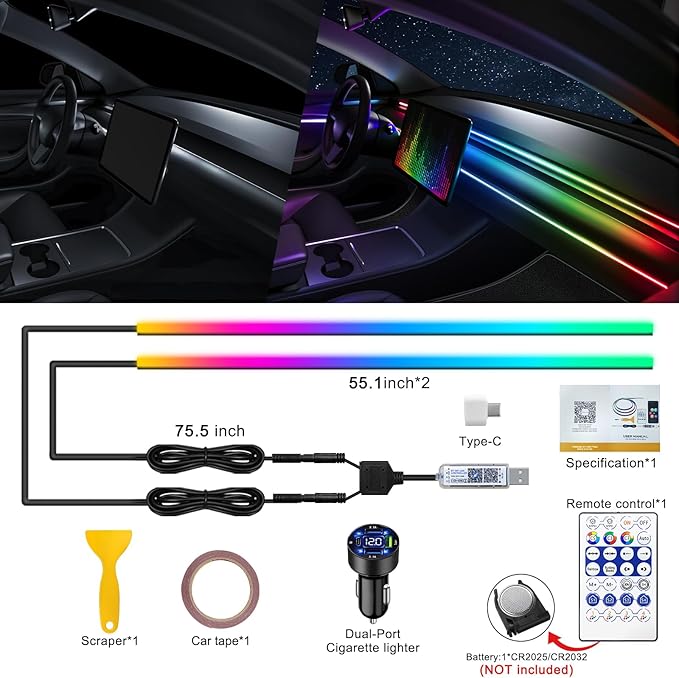 Dreamcolor Acrylic Interior Car LED Strip Light with USB/Type C/4-Port Cigarette Lighter, RGB 2 in 1 with 110.2 inches LEDs Ambient Lighting Kits, Sound Active Function Neon Led Strips for Car