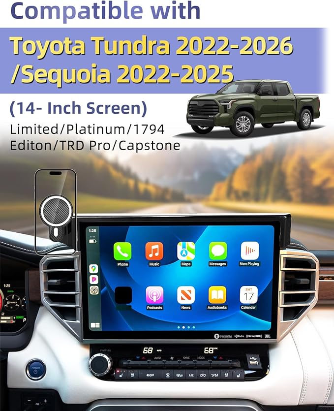 PZK Car Phone Mount for Toyota Tundra 2022-2025 2026 /Sequoia 2023-2026 Limited/Platinum Accessories 14-Inch Screen Magnetic 15W Fast Wireless Charger Car Phone Holder 360° Rotation Not Affect Vent