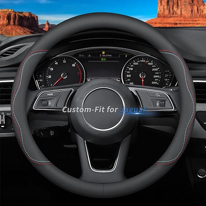 Custom-Fit for Jaguar Steering Wheel Cover, Premium Leather Car Steering Wheel Cover with Logo, Non-Slip, Breathable, for Jaguar Accessories (A-Style,for Jaguar)