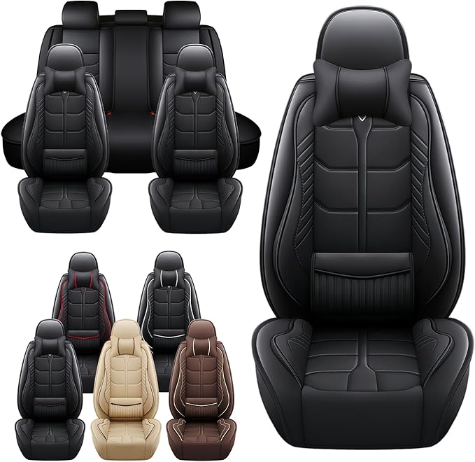 Leather Car Seat Covers Fit for Toyota Avalon Hybrid 2013-2024, 5 Seater Car Seat Cover, Premium Waterproof, Scratch Resistant Car Interior Accessories (Full Set with Pillow Black)