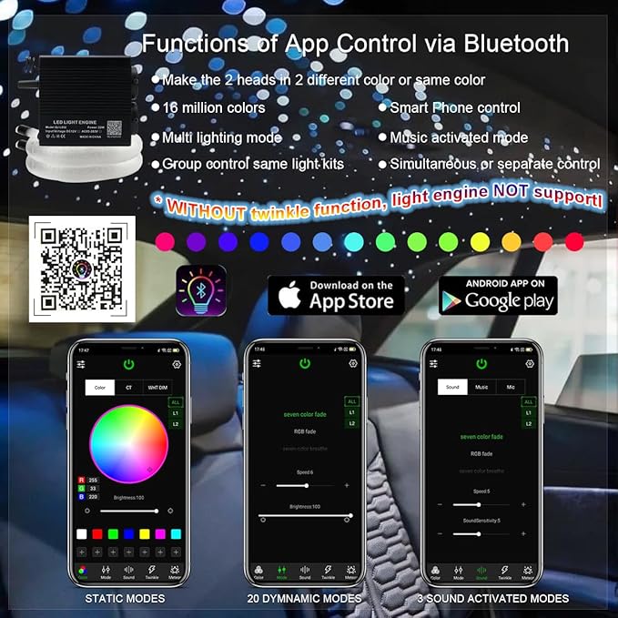 AKEPO 2 Light Color 32W Dual-Head RGBW Music Activated Fiber Optic Lights, 670pcs of Mixed Optical Fibers in 13.1ft+ Small APP Control Fiber Optic Star Ceiling Light Kit for Car Headliner Star/Home