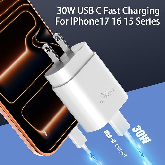 Phone 17 16 15 Charger Fast Charging,30W USB C Phone 17 16 15 Pro Max Charger Block &6.6FT Long Type C Cable Cord for i.Phone 17/17 Air/17 Pro/17 Pro Max/16/16Plus/16 Pro/16 ProMax/15/15Pro Max,Blue