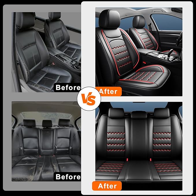 Car Seat Covers Fit for Mazda 3 2007-2025 2026, Premium Leather, Full Coverage Leather Waterproof Breathable Seat Cover, Automotive Seat Protectors, Airbag Compatible(Full Set Seats, Black Red)