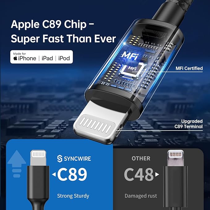 [Apple MFi Certified] Syncwire Car Charger iPhone 4.8A/24W Fast Car Phone Charger Cigarette Lighter USB Car Adapter with Build-in 8FT Lightning Cable Coiled for Apple iPhone 14/13/12/11/XR/Max, iPad