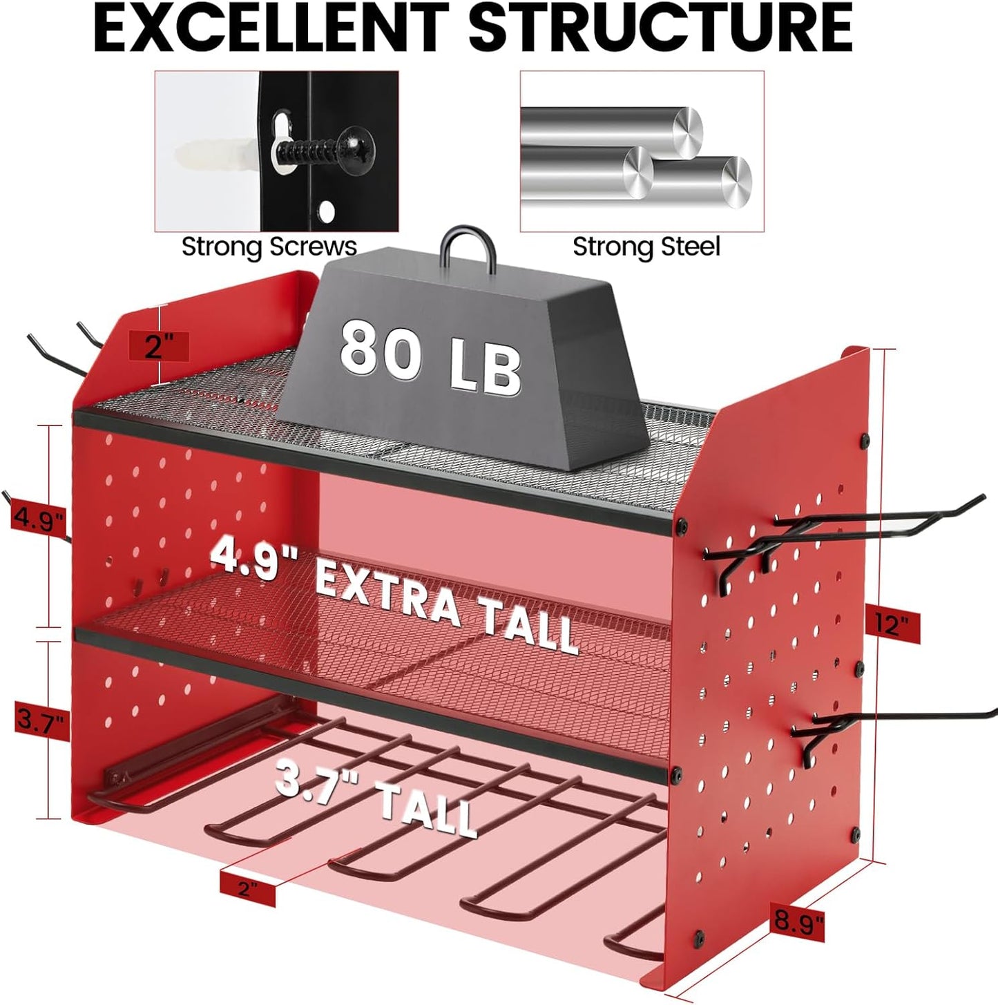 TRZZ Power Tool Organizer Wall Mount, 3-Layer Drill Holder with 2 Side Pegboards, Cordless Drill Rack with 4 Hooks, Efficient Storage for Workshop, Garage, and Tool Room (Red)