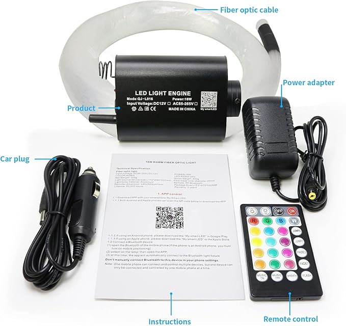 AMKI 16W Fiber Optic Lights,Starlight Headliner Light Kit APP/Remote Control Sound Activated Mode for Car&Home Decoration,Optical Fiber Cable Strands 0.75mm/0.03in 6.5ft/2m 150pcs