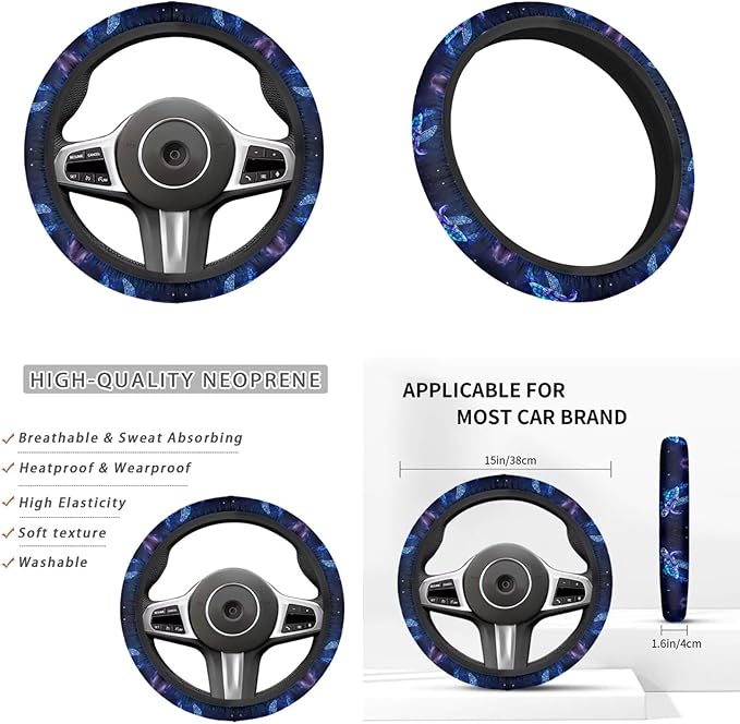 Blue Sea Turtle Car Steering Wheel Cover Sets 6 Pcs Car Accessories Cup Coaster Handbrake Cover Suit Universal Fit Auto,Suvs,Truck