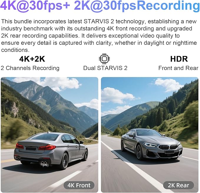 Mangoal 4K Front & 2K Rear 2 Channel HDR Dash Cam, Dual STARVIS 2 IMX678 IMX675 for Chevy Silverado Select 1500 2014-2021; Select 2500/3500 2015-2023 (Model E), 5GHz WiFi, GPS, 128GB