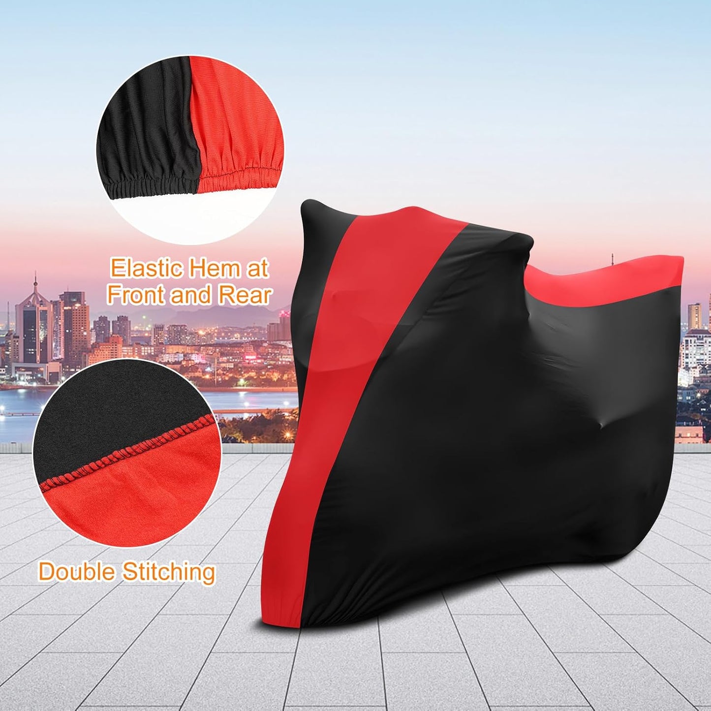 Indoor Motorcycle Cover, Soft Stretch Elastic Dustproof Protection Windproof Cover for Bike, Black and Red Stitching Motorcycle Cover for 109 x 41 x 54 in