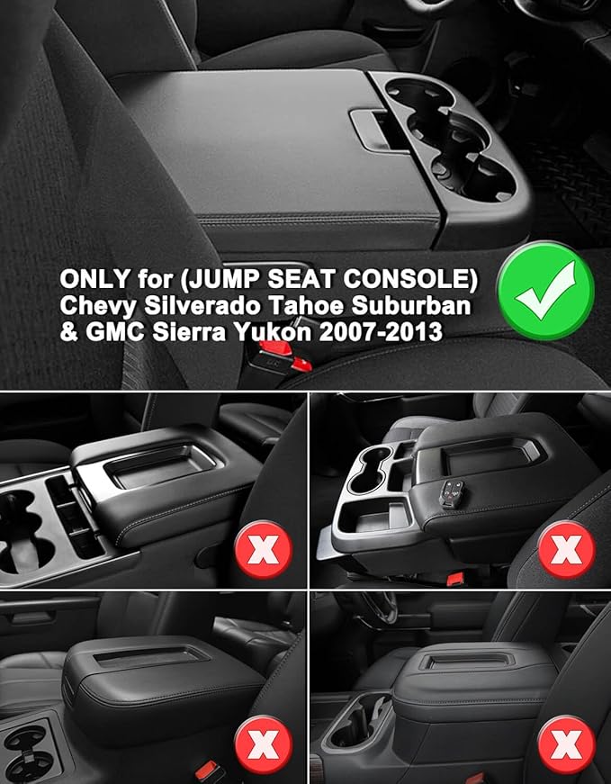 KBH Center Console Armrest Cover for 2007-2013 Chevy Silverado & Tahoe & Suburban, GMC Sierra & Yukon, Middle Console Lid Protector, PU Leather Trim, Black (Fits Jump Seat Only)
