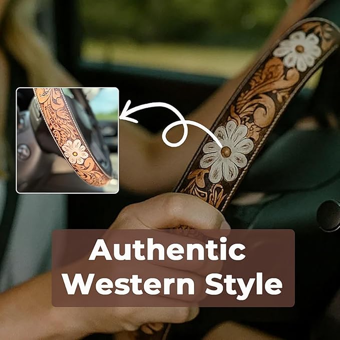 Western Steering Wheel Cover, Color Printed Embossed Hand-Painted Leather Western car Parts, for Women Man, Anti-Slip Design Easy to Install, for Trucks SUVs Cars (Style 5)