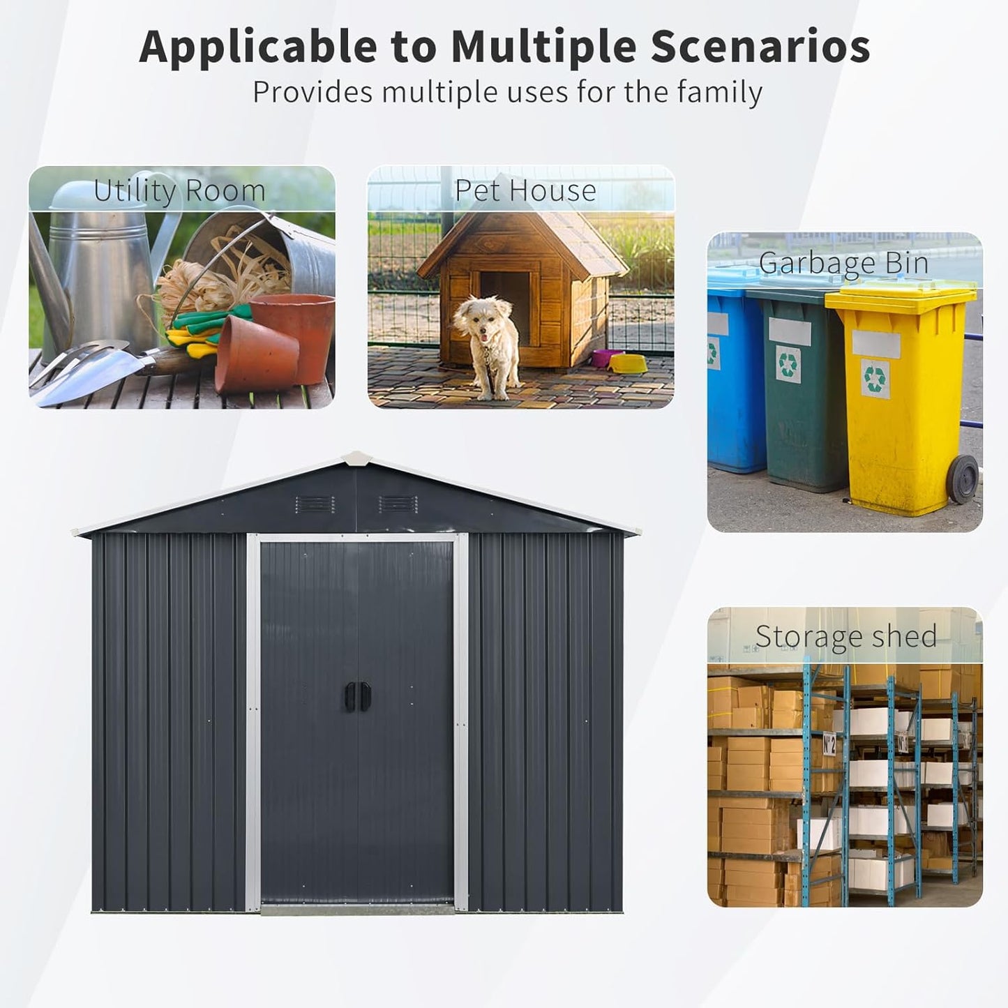8x4 FT Outdoor Storage Shed,Metal Shed with Window & Floor,Garden Shed W/Air Vent & Lockable Sliding Door,All Weather Waterproof Tool House W/Sloped Roof,for Backyard,Patio,Lawn,Black+White