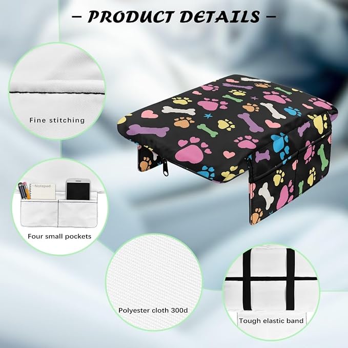 Dreaweet Colorful Dog Paw Center Console Cover for Car Thick Arm Rest Cover Pad Cute Car Armrest Cushion with Pockets Scratch Proof Universal Fit for SUV Sedan Truck