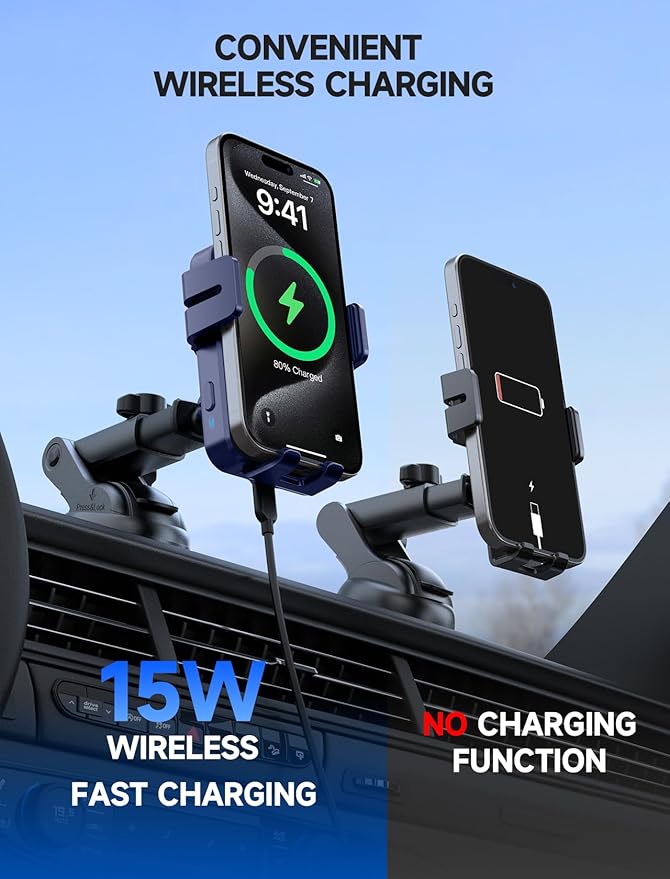 MOKPR Wireless Car Charger, 15W Auto Clamping Car Charger Dash Windshield Air Vent Phone Holder Compatible with iPhone 16 15 14/13/13 Pro/12 pro/12/11/X/8, Samsung S24/S23/S22