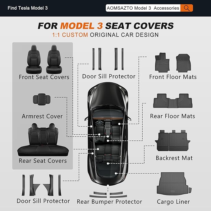 AOMSAZTO Car Seat Cover for Tesla Model 3 2017 2018 2019 2020 2021 2022 2023 - Full Set Customized White Seat Covers (with Armrest Cover)