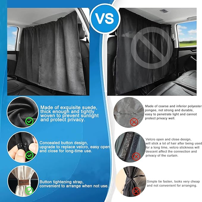 Car Divider Privacy Curtain, Blackout Suede Sun Shade Cover Front & Rear Seat Partition Space Divider Auto Van Truck Interior Accessories for Family Camping Baby Sleeping (Black, Large)
