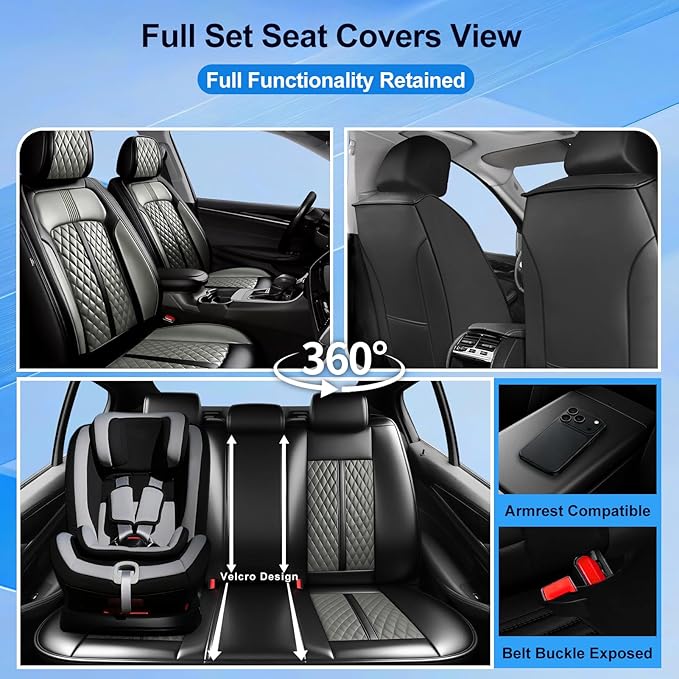 Fit Mazda 3 Car Seat Covers for Select Mazda 3 2010-2019 - Full Coverage Leather, Airbag Compatible, Waterproof & All Weather Seat Cushion Protector, Front Pair Black+Gray