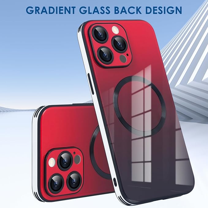 Guppy Compatible with iPhone 13 Pro Max Case Magnetic, with Full Camera Lens Protector [Compatible with MagSafe] Scratch Resistant Gradient Glass Back Cover Phone Case-Red