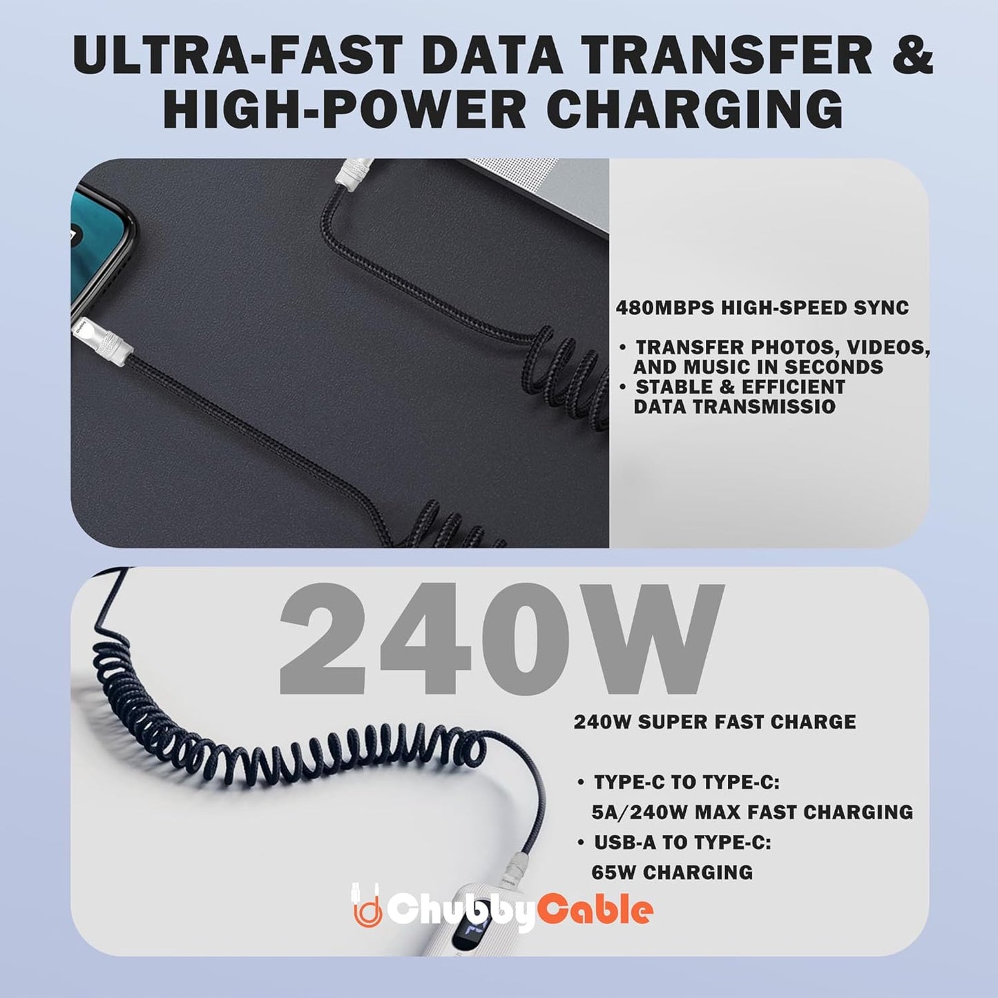 chubbycable Curly Chubby - Retractable Fast Charging Cable 240W Coiled Charger Cord for Car Durable USB-C Cable for Phones, Tablets and More, Black+Black, USB-A to Type-C, 1.3FT-2.3FT