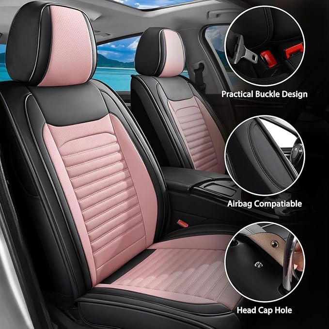 Car Seat Covers Full Set Fit for Toyota Avalon 2001-2022, Premium Faux Leather Car Seat Protector,Breathable Anti-Slip Full Wrapping Edge Seat Covers(Black&Pink,Full Set)