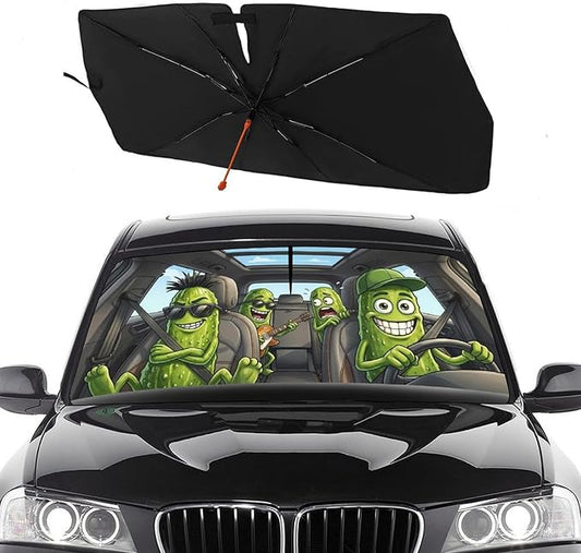 Socira Funny Pickle Car Windshield Sun Shade Umbrella Pickle Gifts Foldable Sunshade for Front Window Auto Windshield Sunshade Covers Car Accessories Protect from Sun Rays Heat 57'' X 30''
