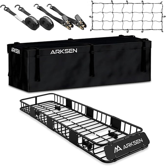 ARKSEN Skinny Roof Rack 84"x23"x6" Cargo Carrier with Waterproof Bag, Net, Straps & Anti-Slip Mat, Heavy Duty Top Mount Cargo Basket, Luggage Camping Gear Storage for Car, Truck or SUV Transport