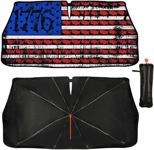American USA Flag Car Windshield Sunshade Umbrella USA Flag Sun Shade for Car Windshield Umbrella Upgraded Sunshades Blocks UV & Heat Front Window Shades for SUV Sedan Auto