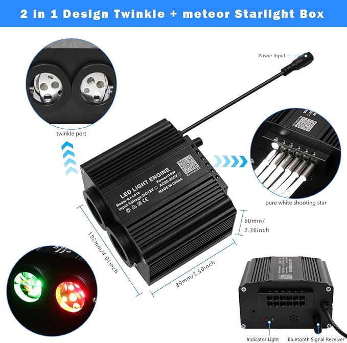 AMKI Dual Color 18W Twinkle&Meteor Starlight Headliner Kit 1000pcs 0.03in 13.1ft+240pcs Pure White Shooting Star,Updated 2 in 1 Starlight Box RGBW Sound Activated Mode for Car Home Decor