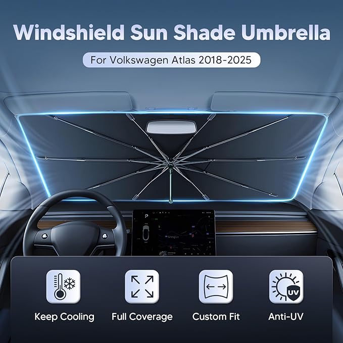 Autorder Windshield Sun Shade Umbrella for 2018-2026 Volkswagen VW Atlas/Atlas Cross Sport Accessories,Upgraded Ice Crystal Material,Easy Setup Umbrella Sunshade for Car Windshield,100% Sun Blocking