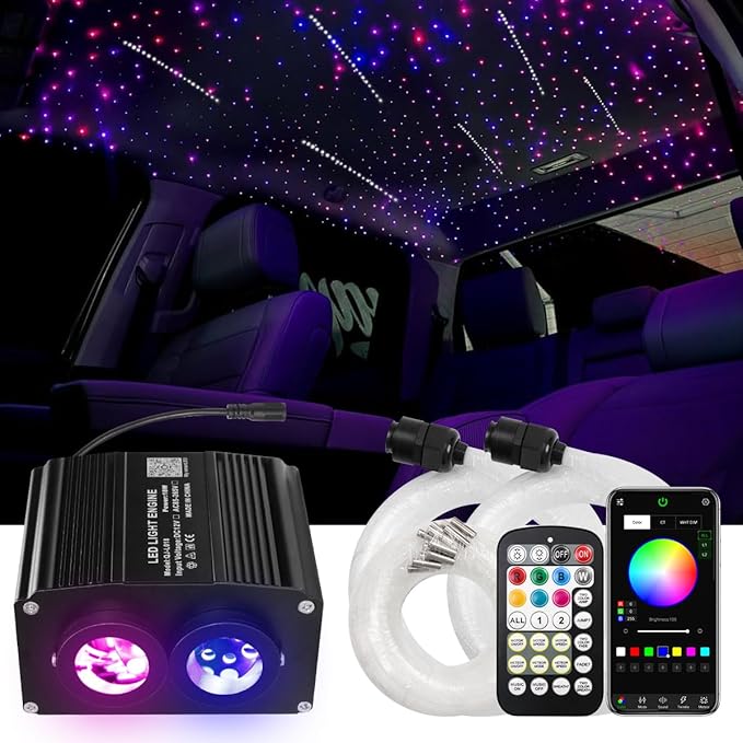 AMKI Dual Color 18W Twinkle&Meteor Starlight Headliner Kit 1200pcs 0.03in 13.1ft+240pcs Pure White Shooting Star,Updated 2 in 1 Starlight Box RGBW Sound Activated Mode for Car Home Decor