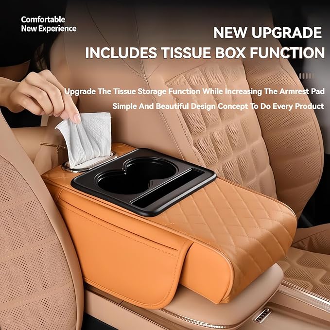 Multifunctional PU Leather Car Armrest Box Mat, 5-in-1 Multifunctional Car Armrest Cushion, Center Console Cover with 2 Cup Holder, For Storing Tissues, Phones, Wallets, Drinks, for Most Cars (Orange)