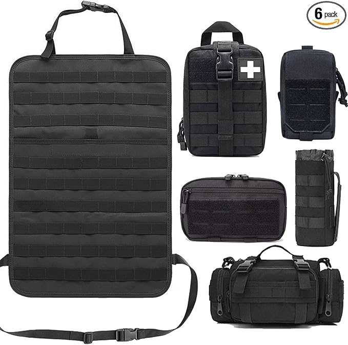 Upgrade Tactical Molle Seat Back Organizer with 5 Detachable Pouches, Universal Car Seat Back Bag Vehicle Organizers Panel Protector for Car Truck Jeep Vehicle (Black)