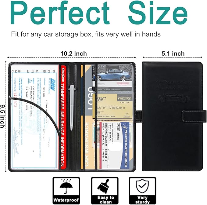 RSAquar Car Registration and Insurance Holder, Leather Car Glove Box Organizer, Cool Car Accessories for ID, Driver's License Cards & Essential Document, Men&Women, Black