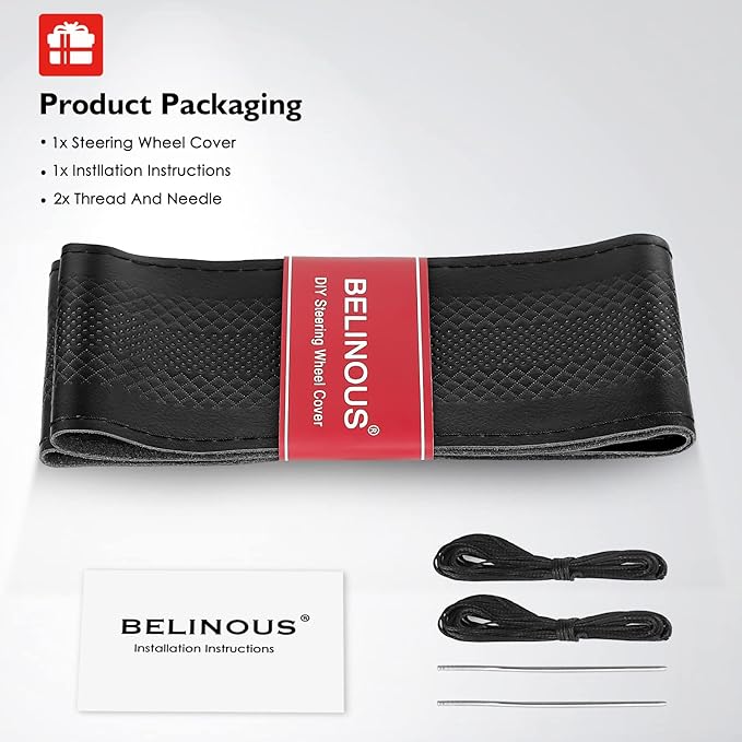 BELINOUS Leather Steering Wheel Cover Lace Up, Embossed Steering Wheel Wrap Fit for 13 3/4-16 Inch Car, Stitch on Wrap DIY w/Needle Thread (Size L1, Black)