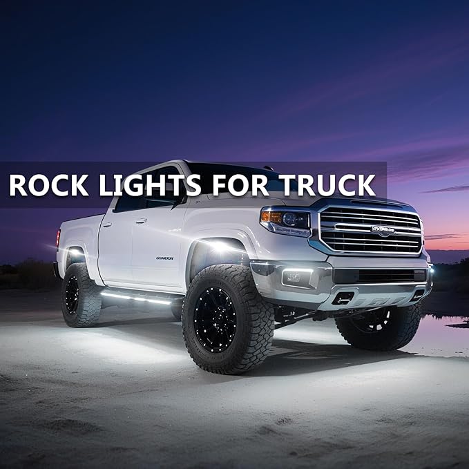10 Pods Pure White LED Rock Lights, IP68 Waterproof Aluminum 6500K Bright White Underglow Light with Extension Cord Harness,12V Metal Fender Lights for Trucks Jeeps Off Road UTV ATV Car Golf RV Etc